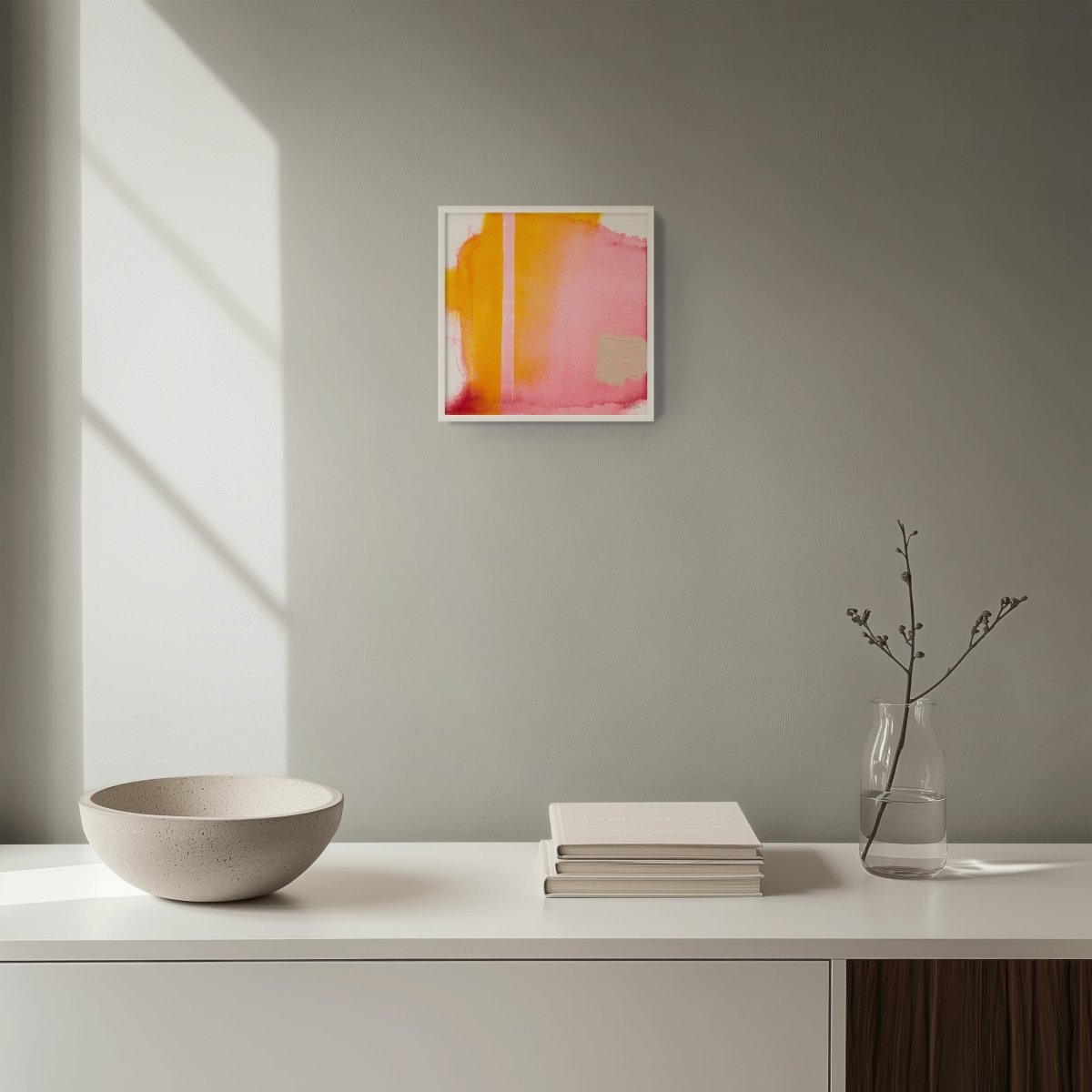 A vibrant abstract composition featuring bold vertical bands of warm colors against a textured canvas.