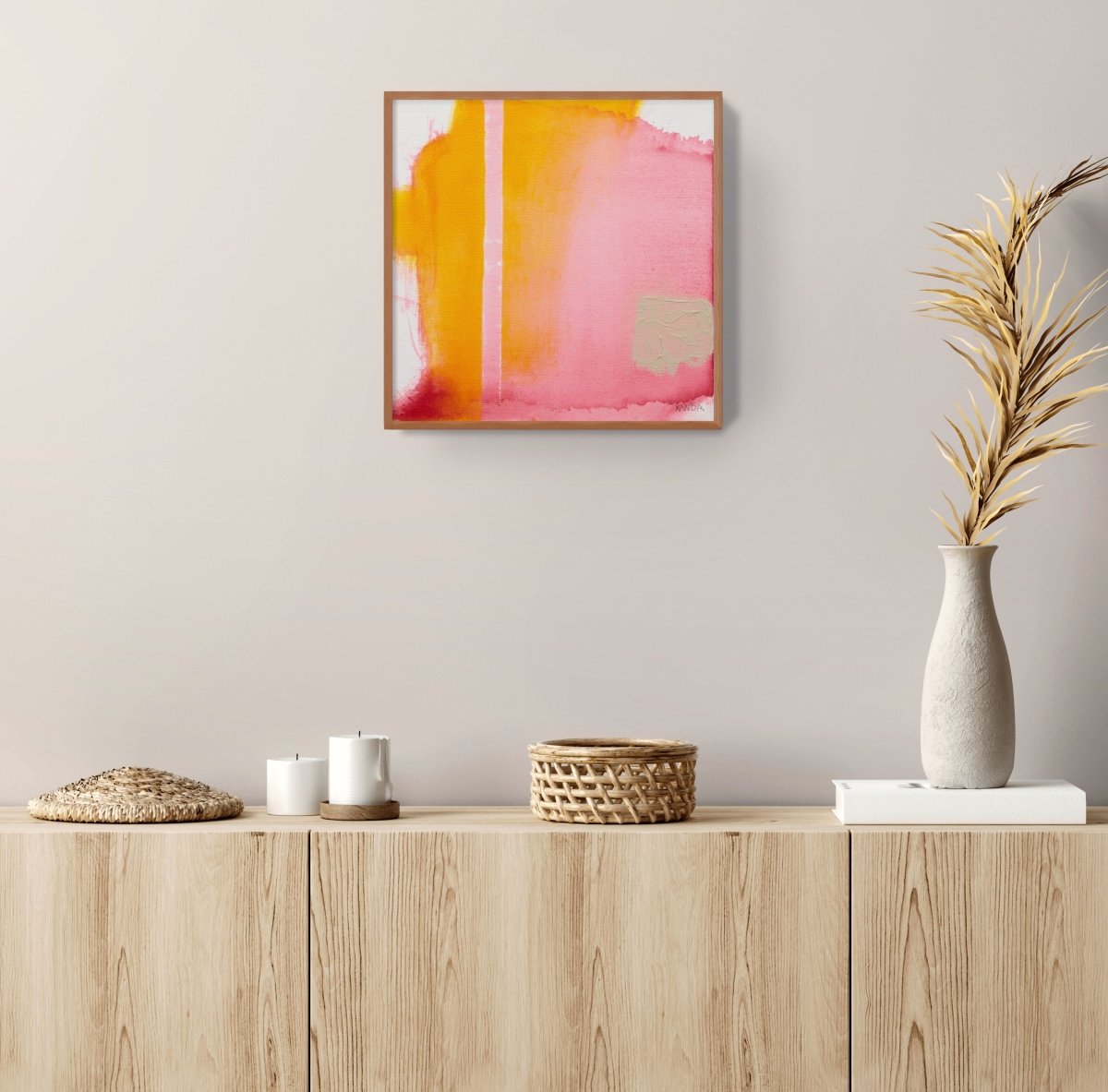 A vibrant abstract composition featuring bold vertical bands of warm colors against a textured canvas.