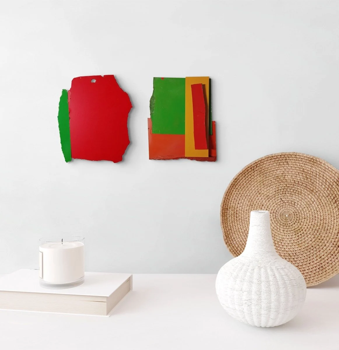 A bold, abstract composition featuring a red shape with a green vertical strip and a hole at the top.