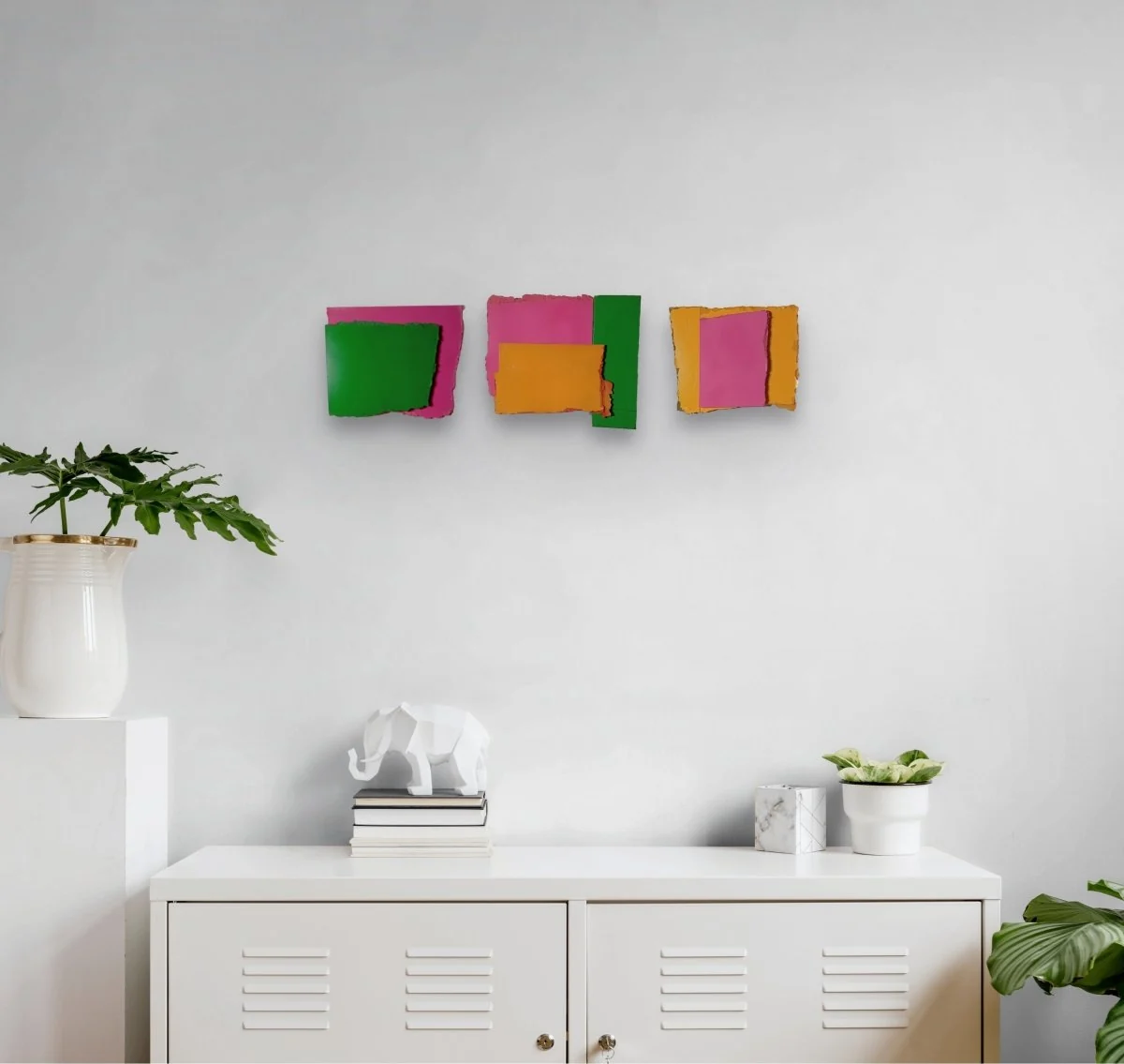 A layered abstract composition featuring a textured orange frame surrounding a smooth magenta rectangle.