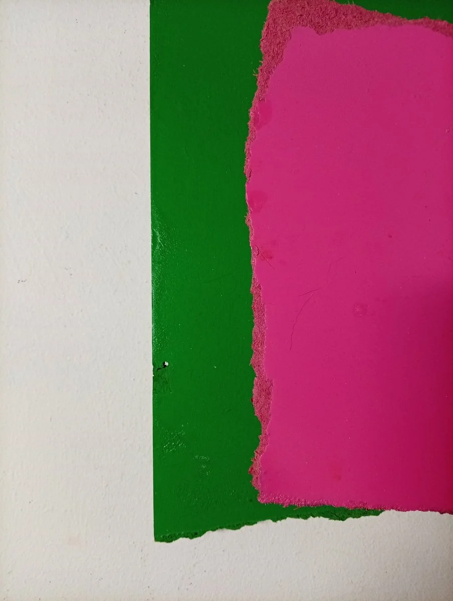 A layered abstract composition featuring a rough-edged pink square over a green background.