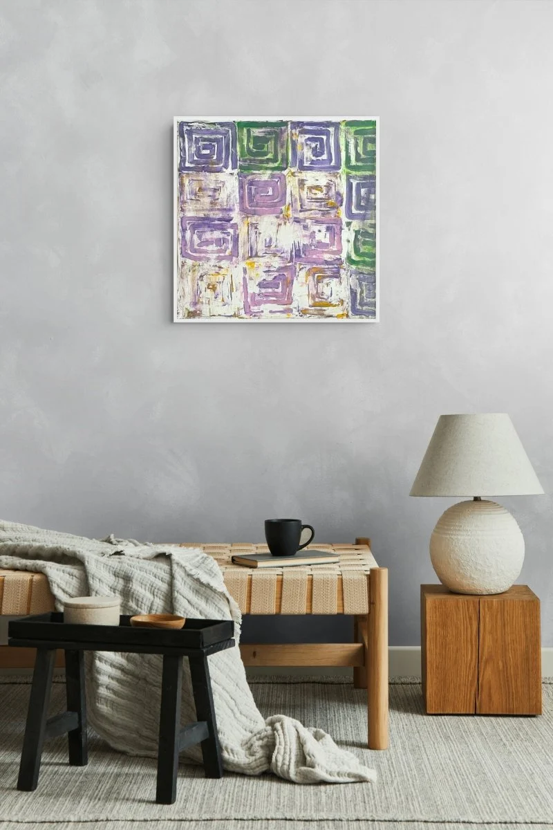 A textured abstract painting featuring a grid of nested squares in purple, green, and earthy tones.