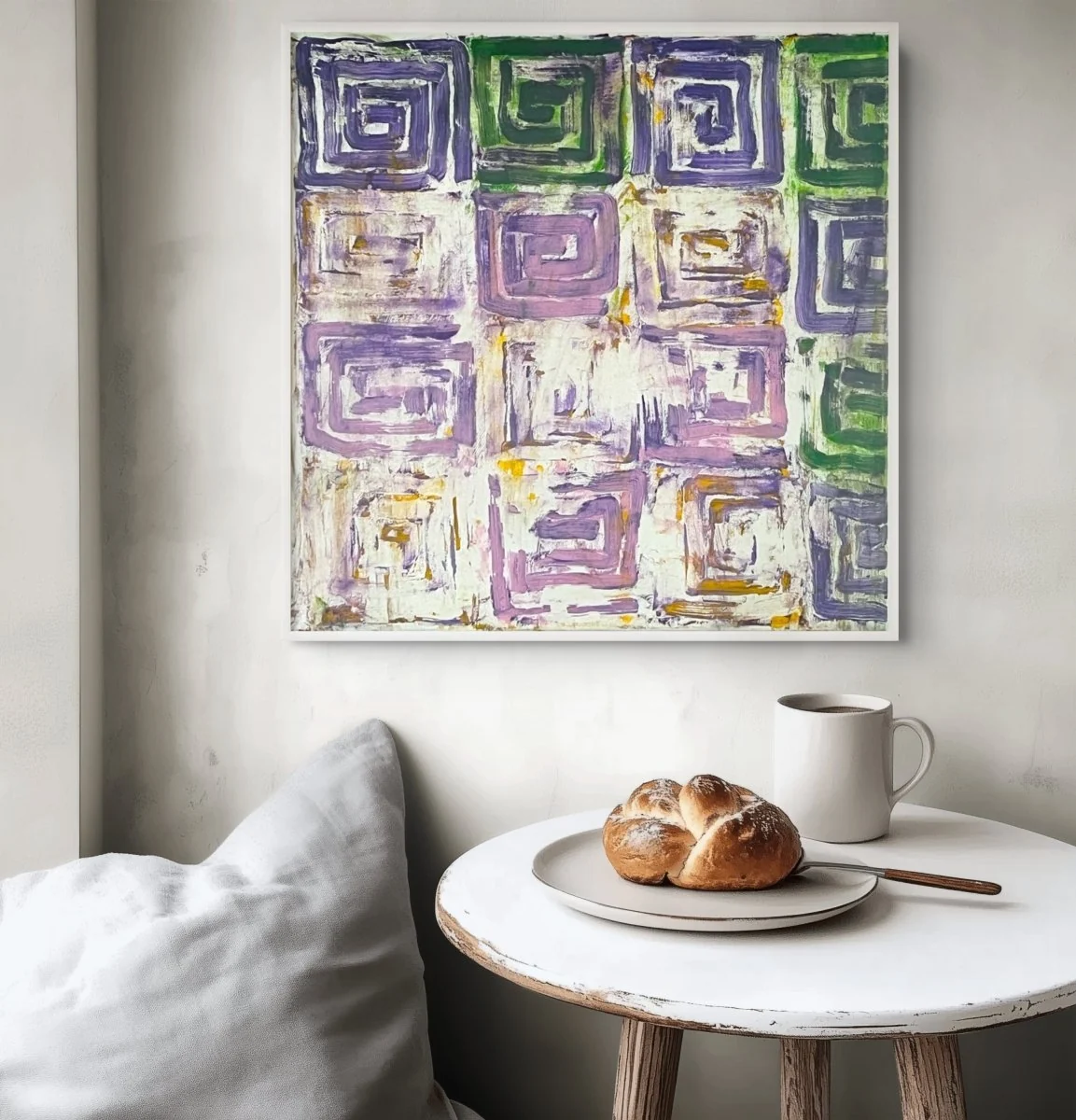 A textured abstract painting featuring a grid of nested squares in purple, green, and earthy tones.