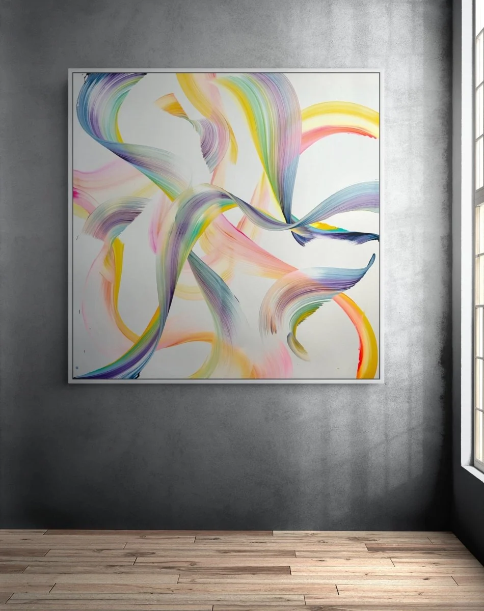 A colorful abstract painting featuring swirling, ribbon-like forms in a rainbow palette.