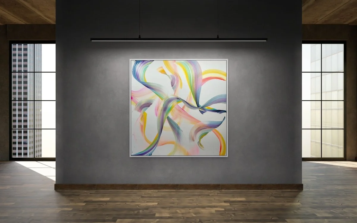 A colorful abstract painting featuring swirling, ribbon-like forms in a rainbow palette.