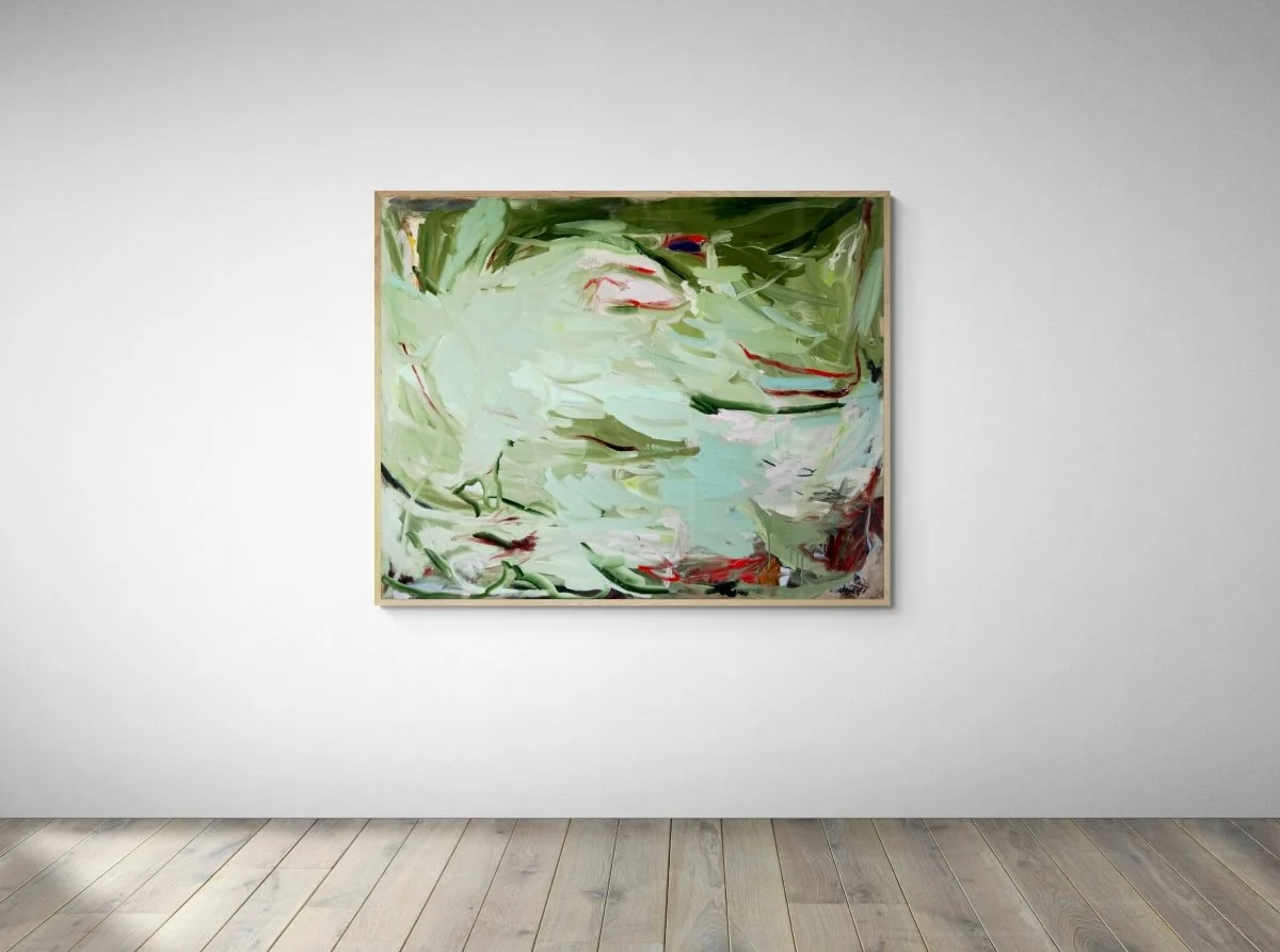 An abstract expressionist painting featuring a chaotic, layered composition of green and white strokes with sharp red accents.
