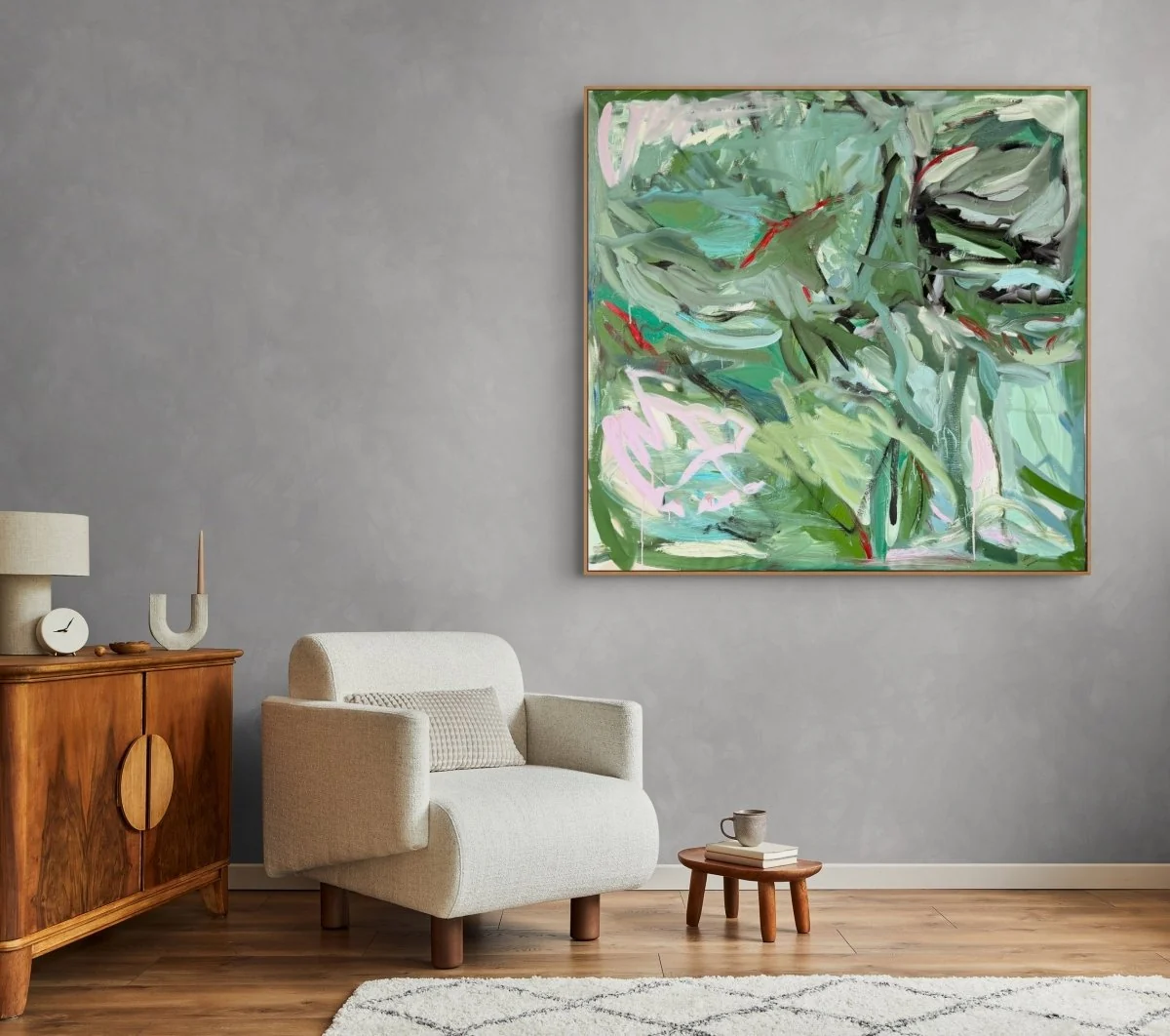 An abstract expressionist painting featuring a chaotic, organic composition of green foliage and bold strokes.