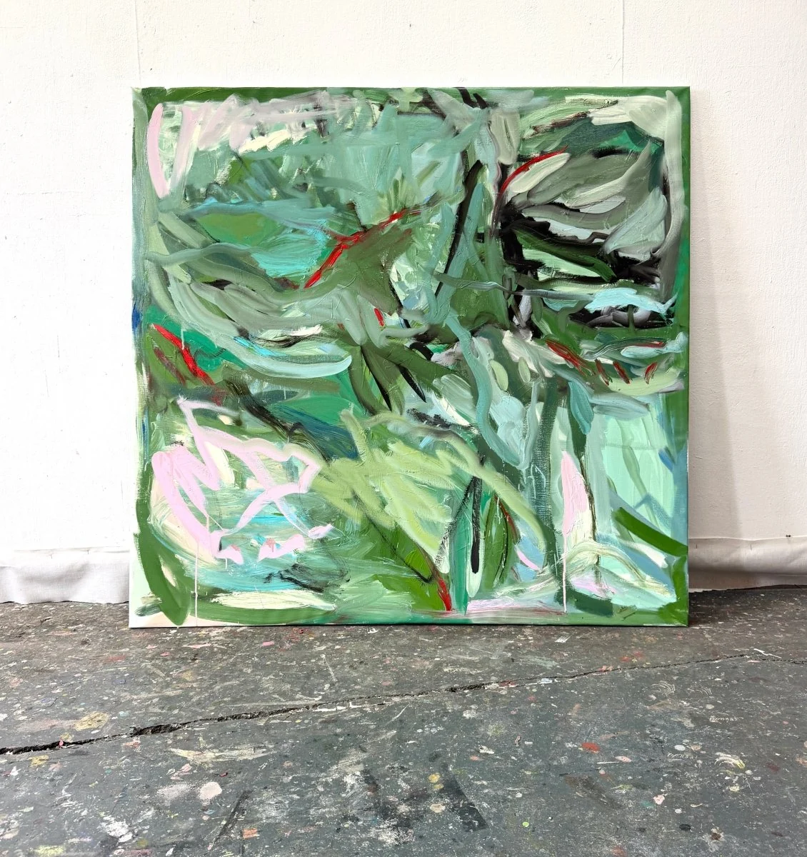 An abstract expressionist painting featuring a chaotic, organic composition of green foliage and bold strokes.