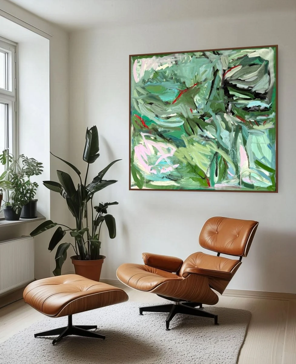 An abstract expressionist painting featuring a chaotic, organic composition of green foliage and bold strokes.