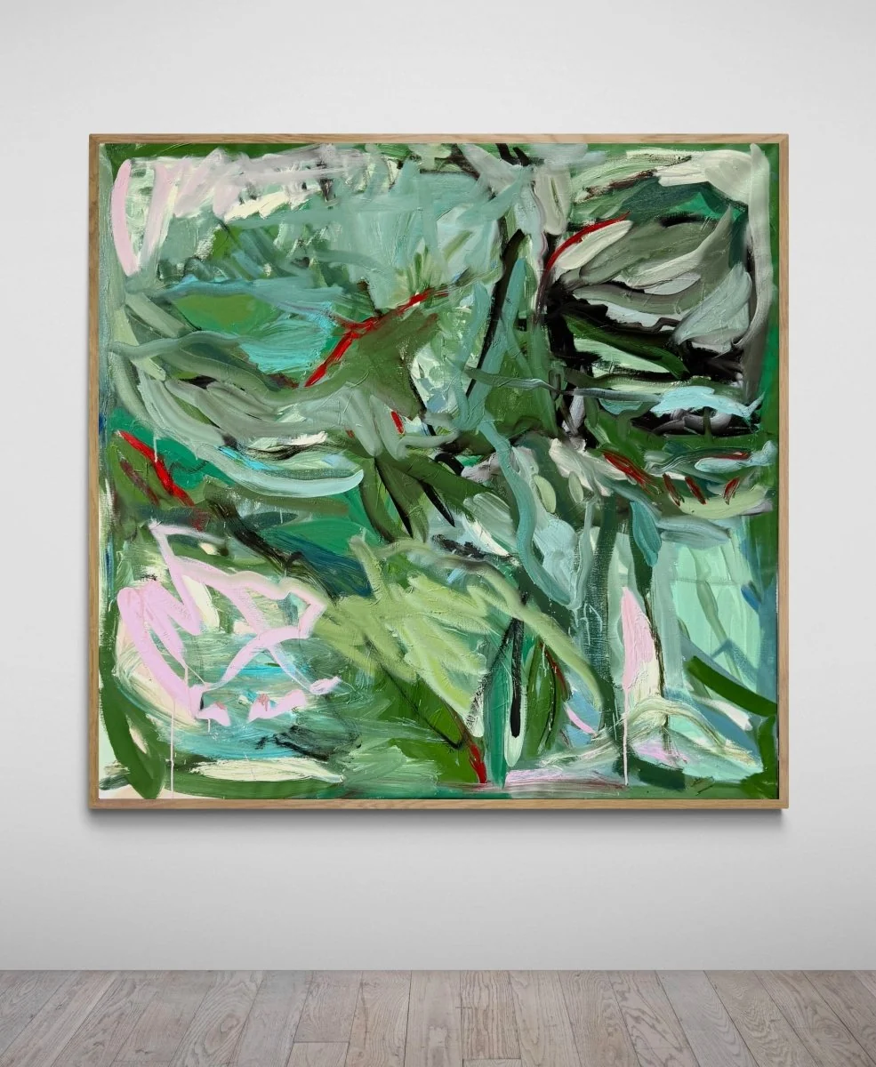 An abstract expressionist painting featuring a chaotic, organic composition of green foliage and bold strokes.
