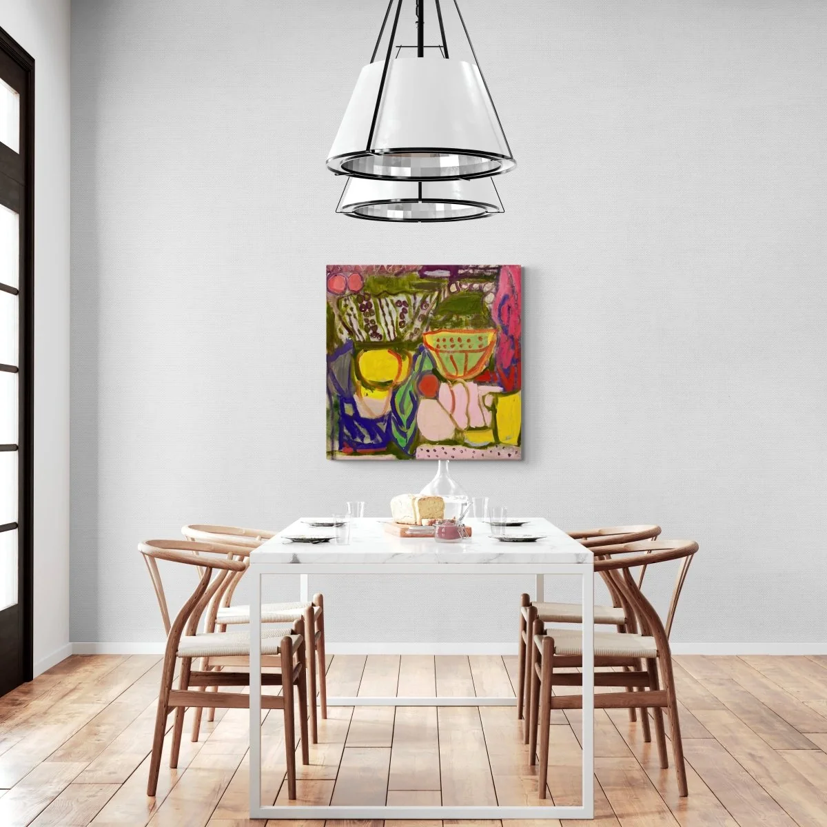 A vibrant still life featuring colorful ceramic vessels and fruit against a textured background.