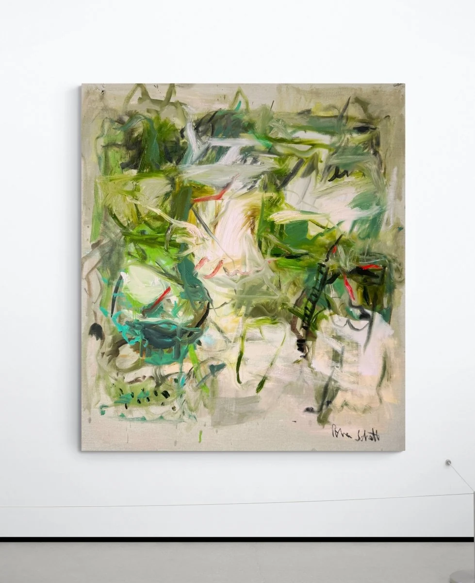 An abstract expressionist painting featuring a chaotic, energetic composition of green and white brushstrokes.