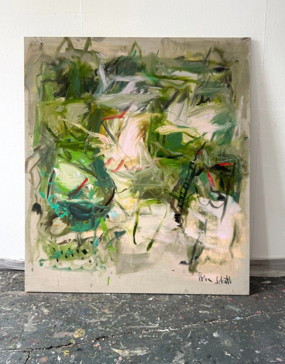 An abstract expressionist painting featuring a chaotic, energetic composition of green and white brushstrokes.