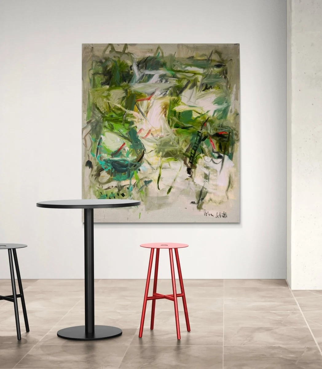An abstract expressionist painting featuring a chaotic, energetic composition of green and white brushstrokes.