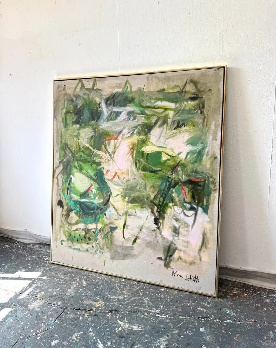 An abstract expressionist painting featuring a chaotic, energetic composition of green and white brushstrokes.