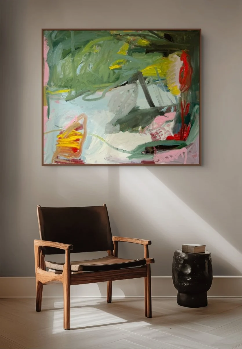 A vibrant, abstract oil painting featuring a garden chair amidst lush foliage.