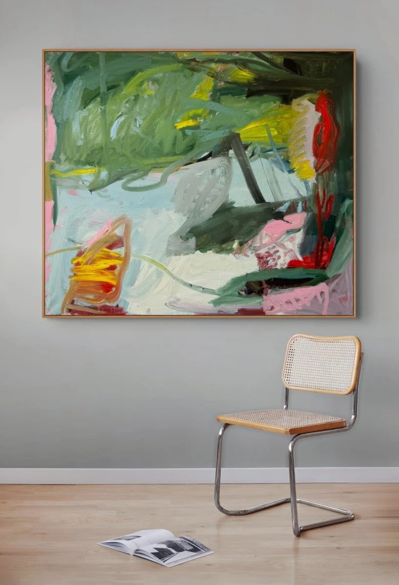A vibrant, abstract oil painting featuring a garden chair amidst lush foliage.