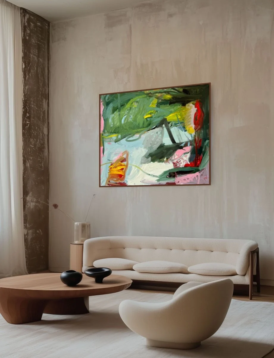 A vibrant, abstract oil painting featuring a garden chair amidst lush foliage.