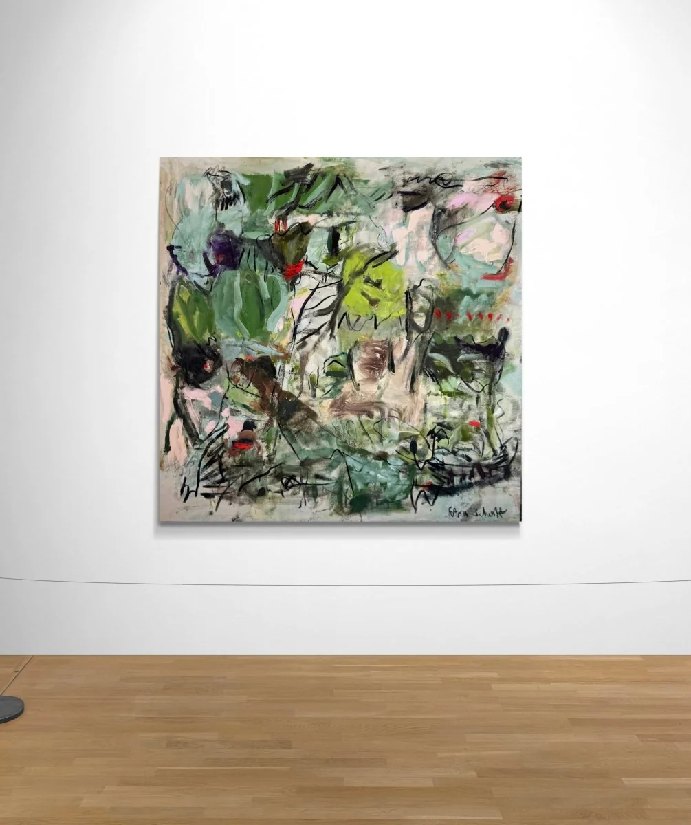 An abstract expressionist painting featuring a chaotic forest scene with bold green foliage, black scribbles, and splashes of red against a textured background.
