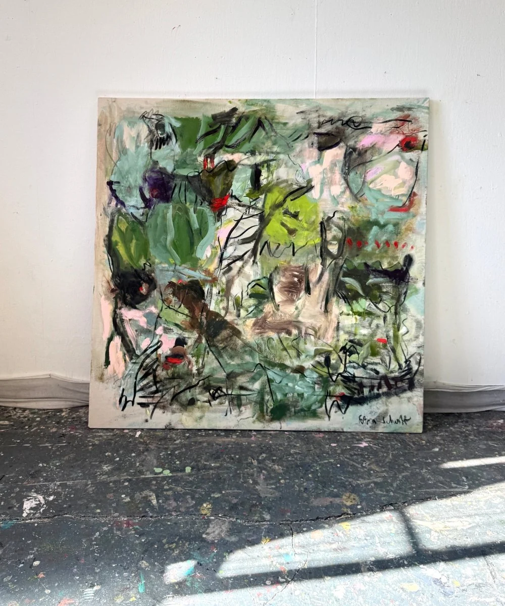 An abstract expressionist painting featuring a chaotic forest scene with bold green foliage, black scribbles, and splashes of red against a textured background.