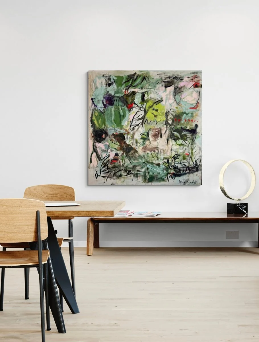 An abstract expressionist painting featuring a chaotic forest scene with bold green foliage, black scribbles, and splashes of red against a textured background.