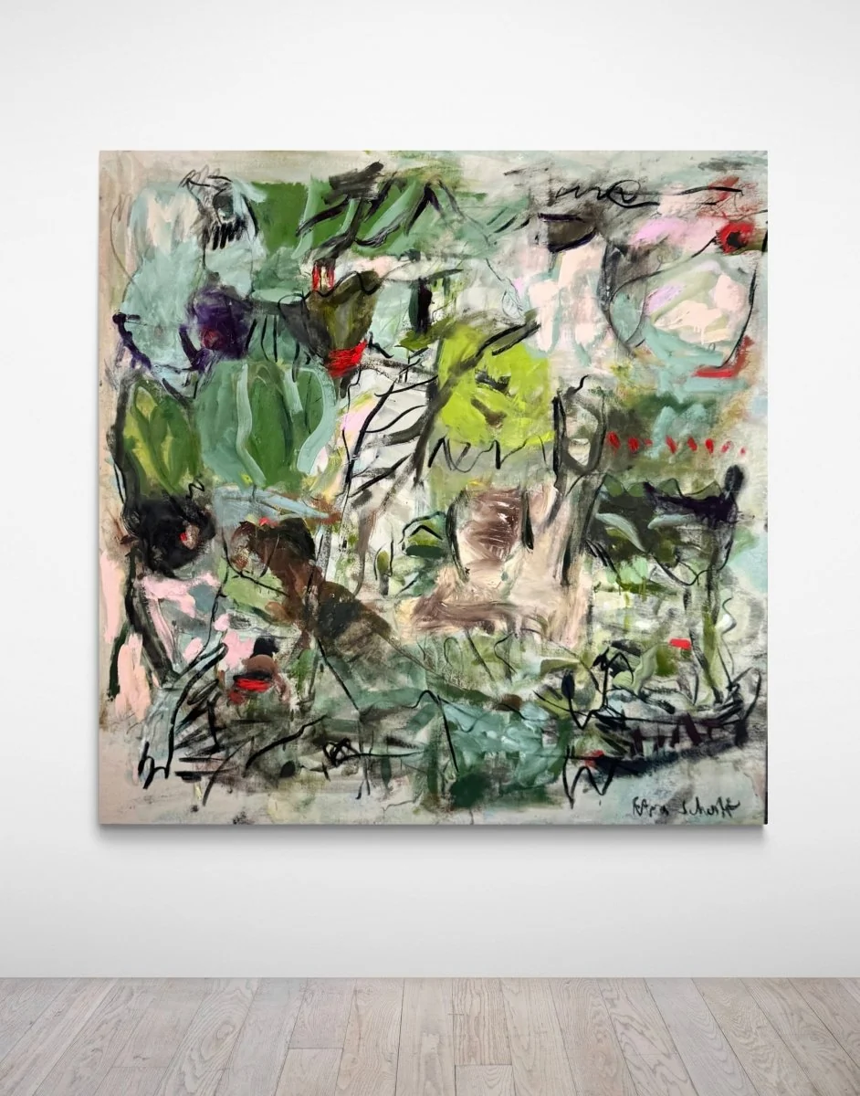 An abstract expressionist painting featuring a chaotic forest scene with bold green foliage, black scribbles, and splashes of red against a textured background.