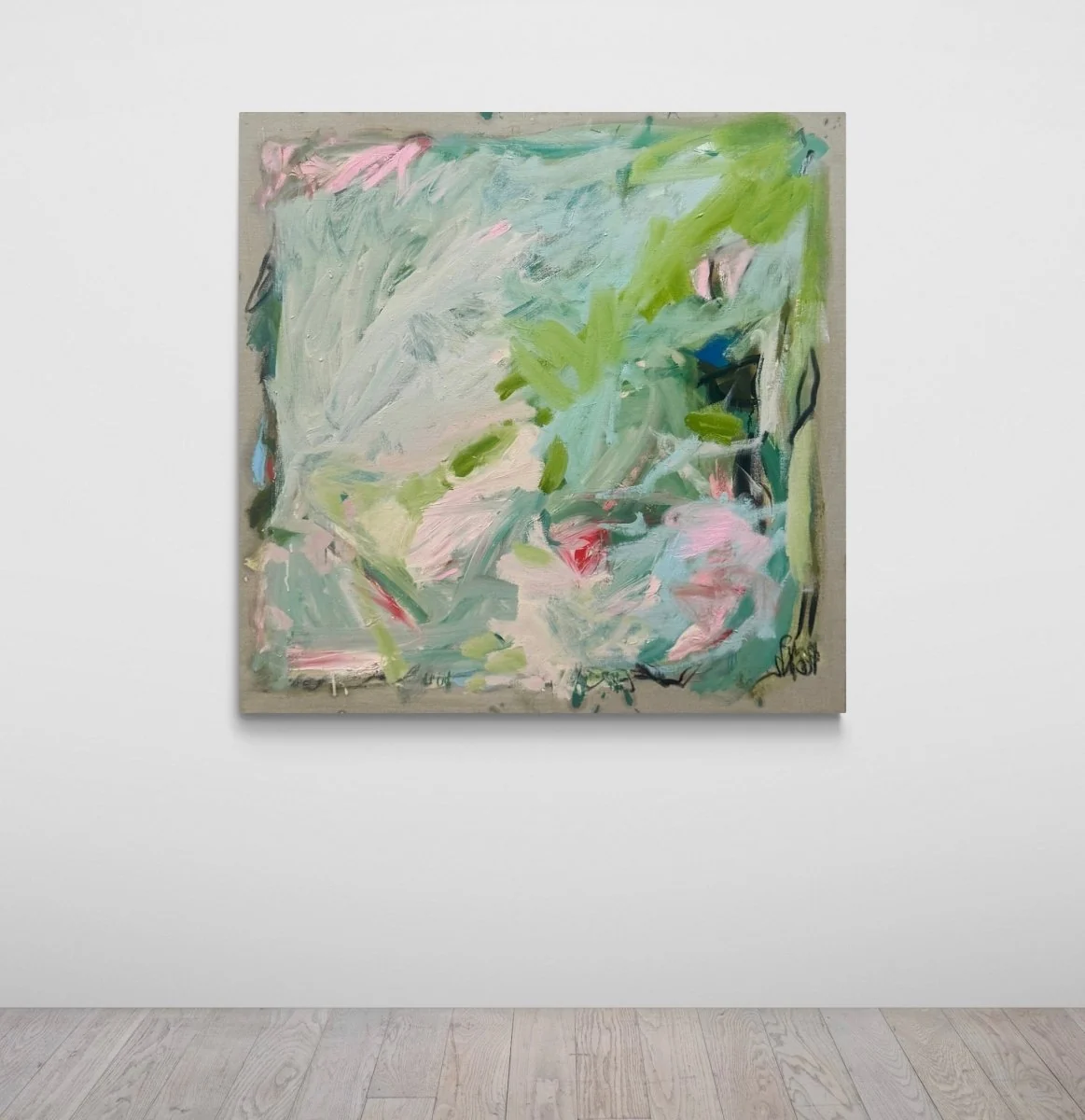An abstract expressionist painting featuring bold brushstrokes of green, pink, and blue on a textured canvas.