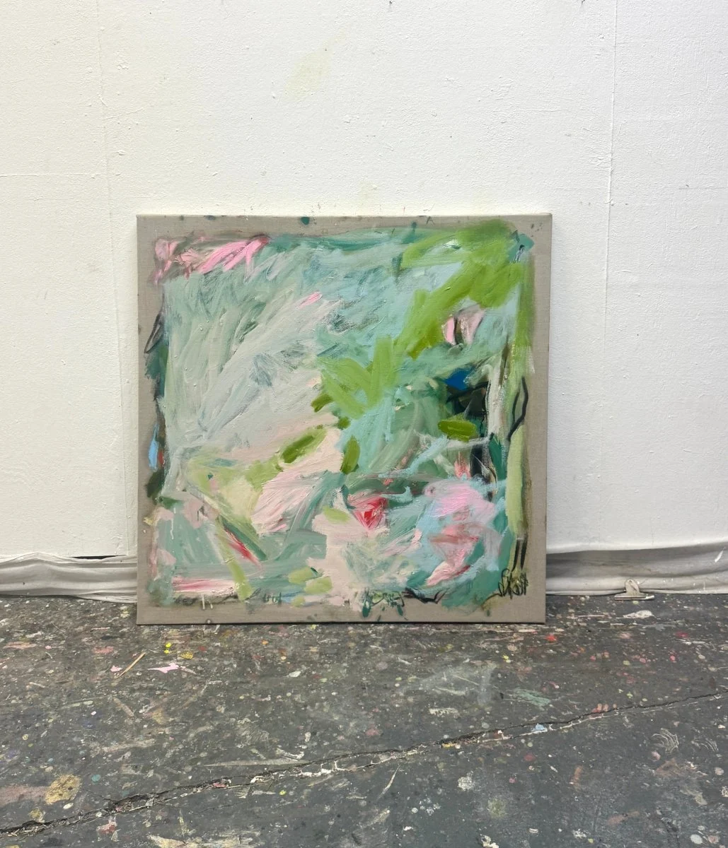 An abstract expressionist painting featuring bold brushstrokes of green, pink, and blue on a textured canvas.