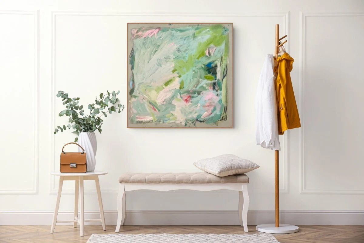 An abstract expressionist painting featuring bold brushstrokes of green, pink, and blue on a textured canvas.