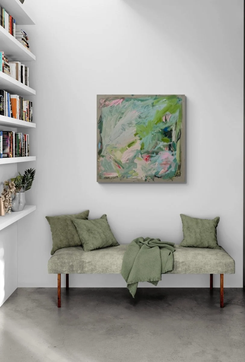 An abstract expressionist painting featuring bold brushstrokes of green, pink, and blue on a textured canvas.