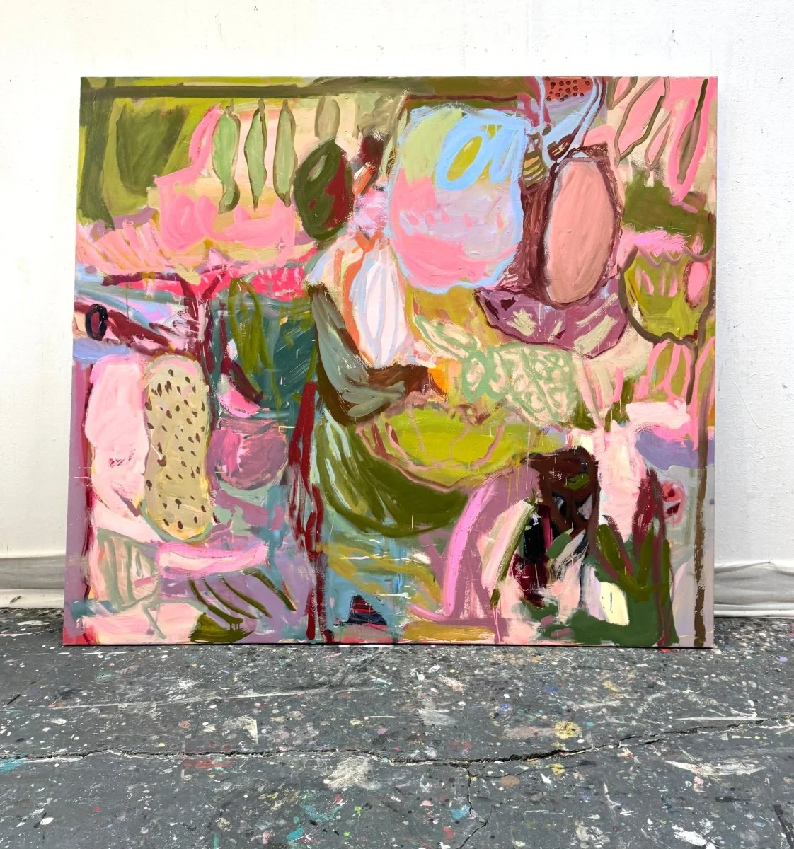 A vibrant, abstract painting of a still life featuring fruit and flowers rendered in bold, expressive brushstrokes.