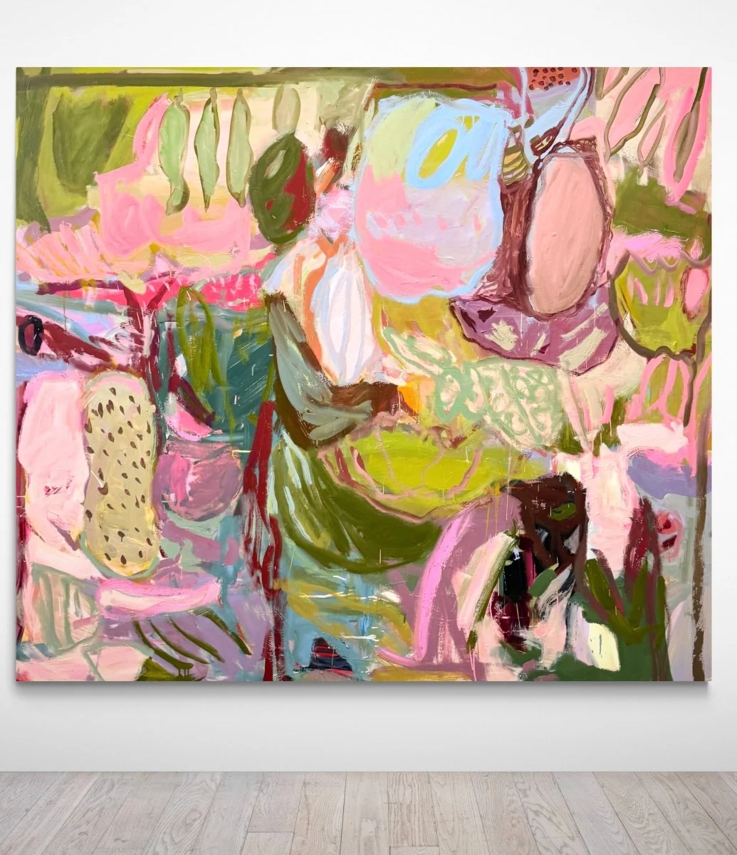 A vibrant, abstract painting of a still life featuring fruit and flowers rendered in bold, expressive brushstrokes.