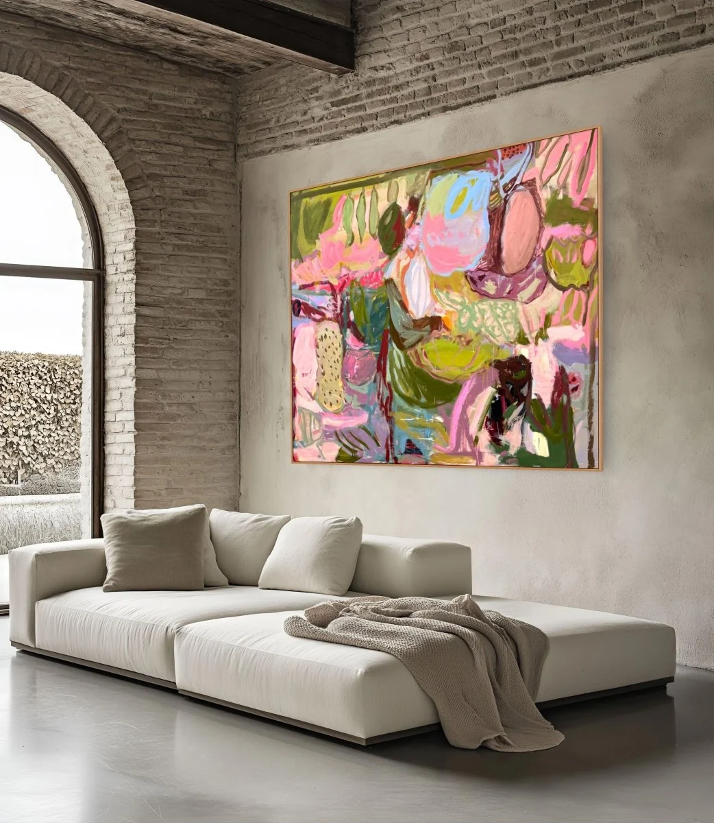 A vibrant, abstract painting of a still life featuring fruit and flowers rendered in bold, expressive brushstrokes.