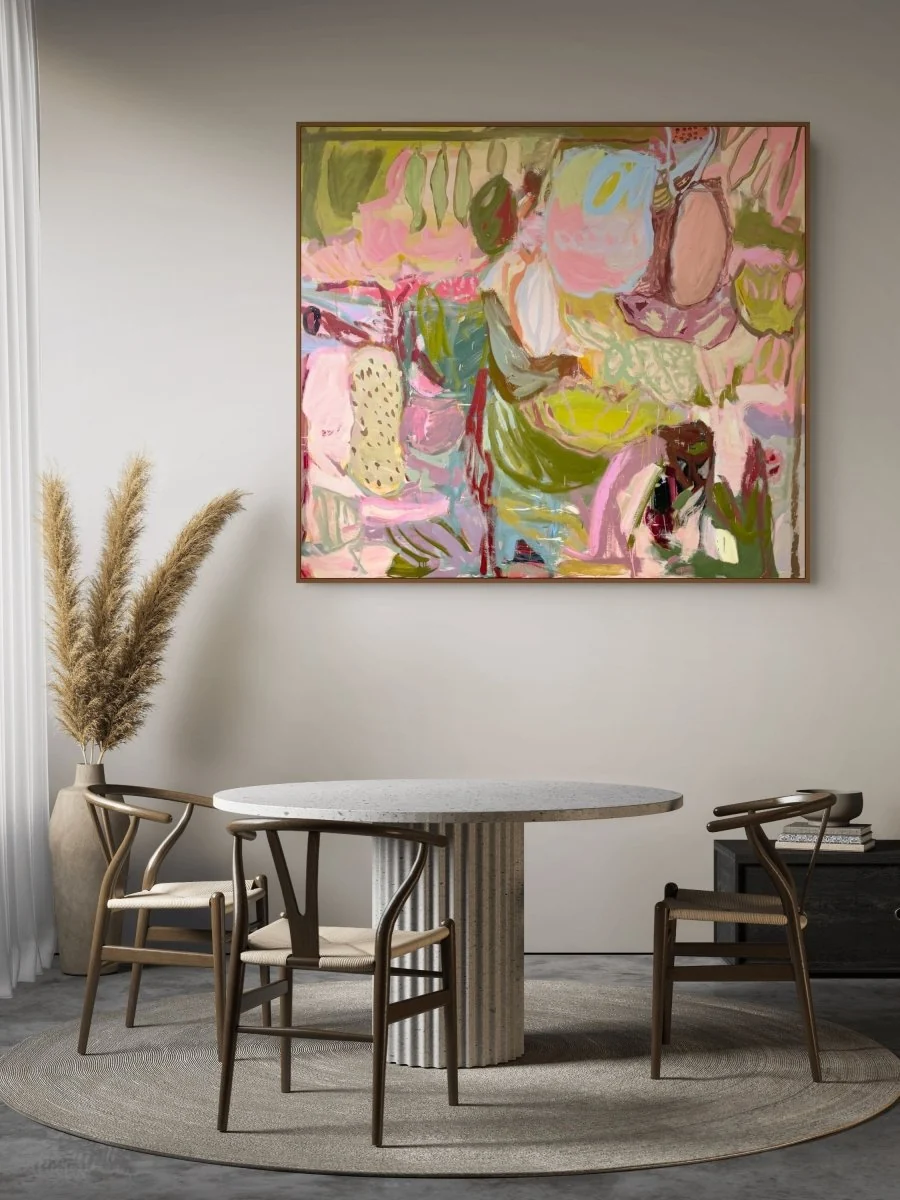 A vibrant, abstract painting of a still life featuring fruit and flowers rendered in bold, expressive brushstrokes.