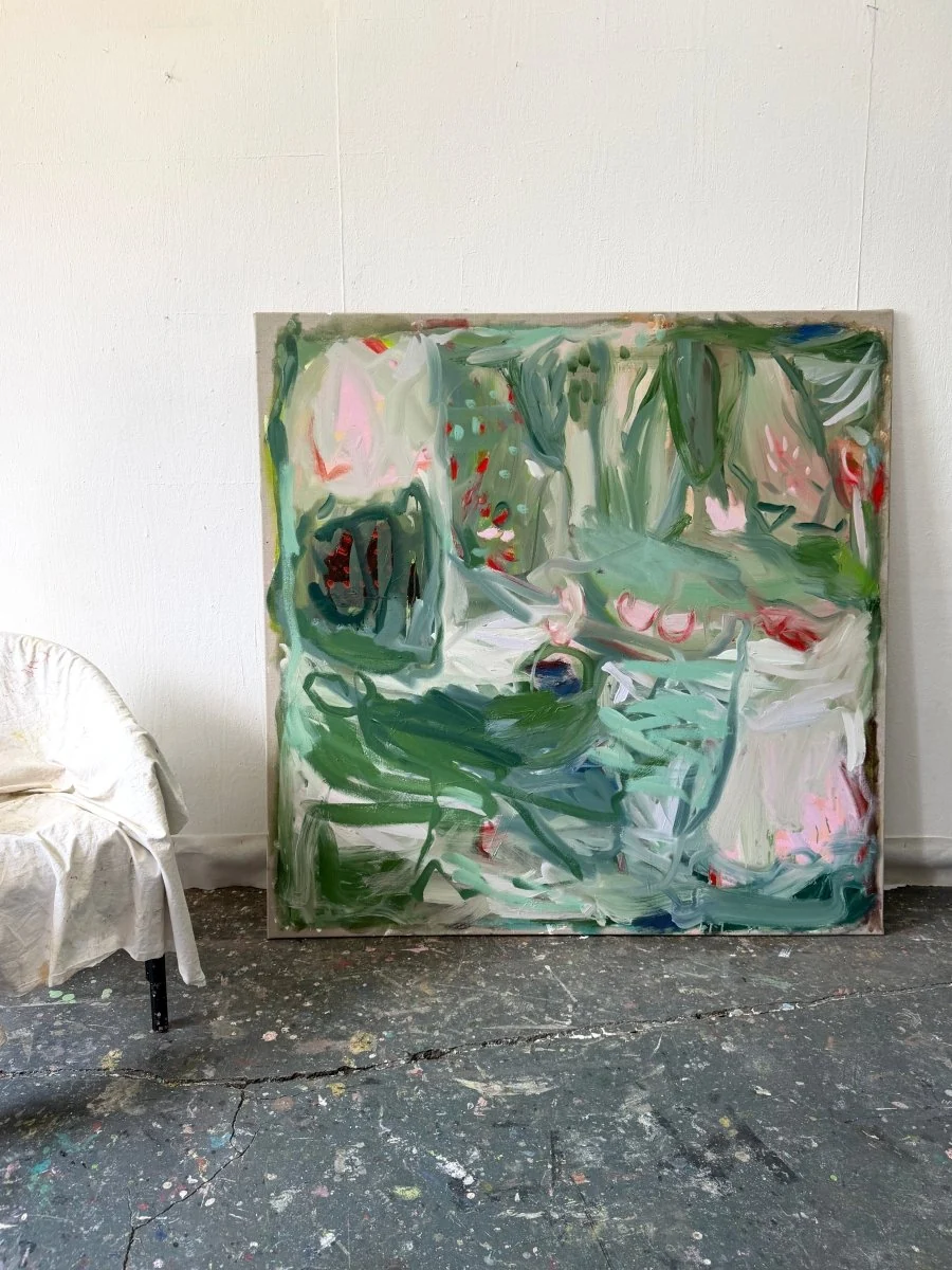 An abstract expressionist painting featuring a chaotic, organic composition of green and pink forms.