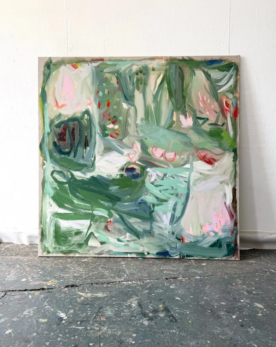 An abstract expressionist painting featuring a chaotic, organic composition of green and pink forms.