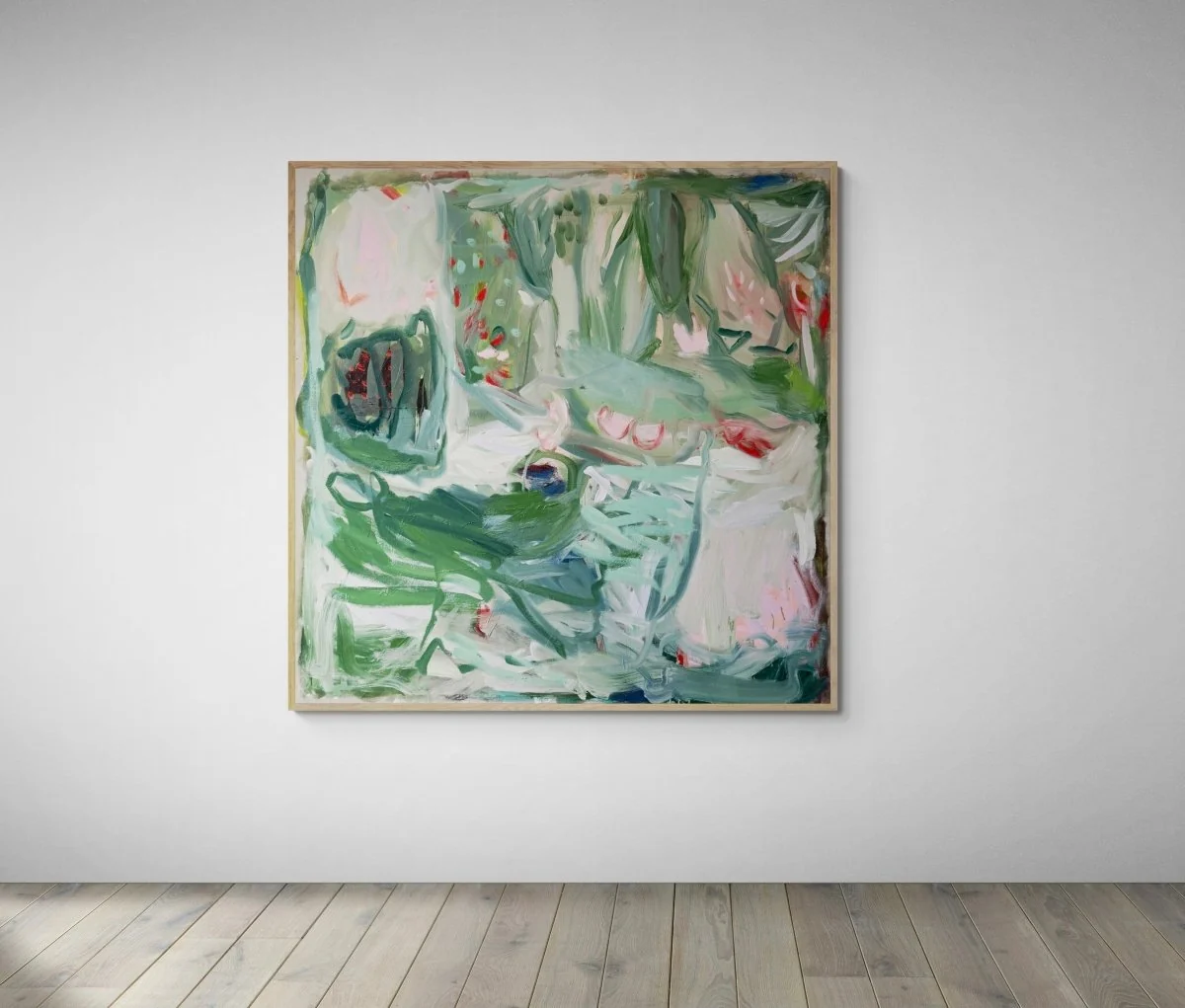 An abstract expressionist painting featuring a chaotic, organic composition of green and pink forms.