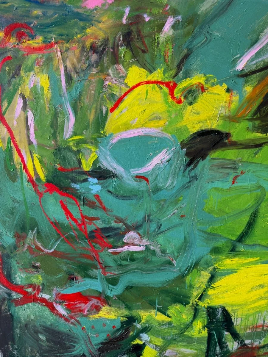 An abstract expressionist painting featuring a chaotic, energetic composition of green and yellow forms with sharp red accents.
