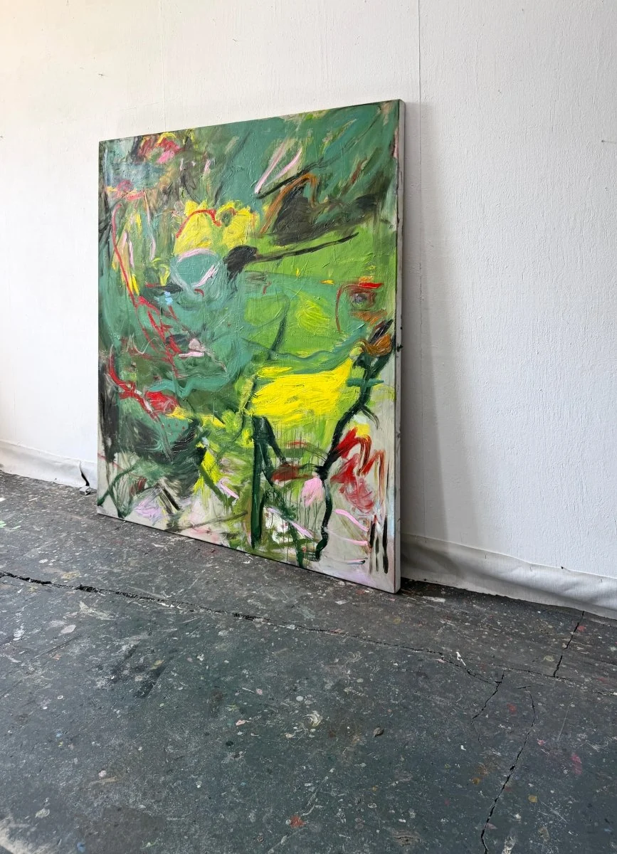 An abstract expressionist painting featuring a chaotic, energetic composition of green and yellow forms with sharp red accents.