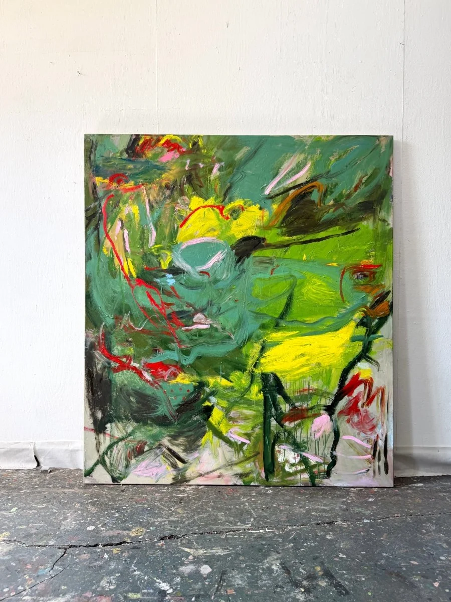 An abstract expressionist painting featuring a chaotic, energetic composition of green and yellow forms with sharp red accents.