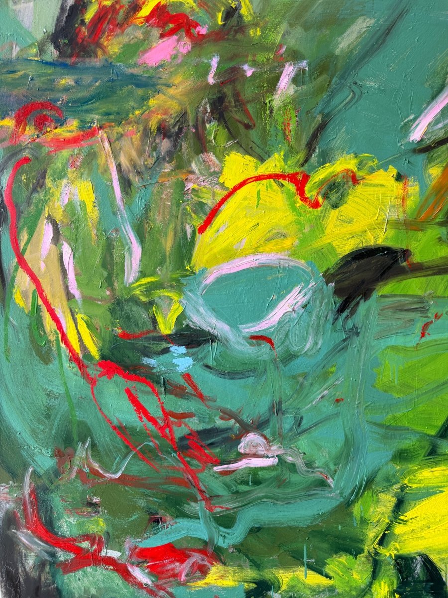 An abstract expressionist painting featuring a chaotic, energetic composition of green and yellow forms with sharp red accents.