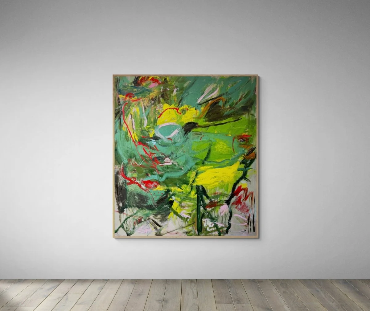 An abstract expressionist painting featuring a chaotic, energetic composition of green and yellow forms with sharp red accents.