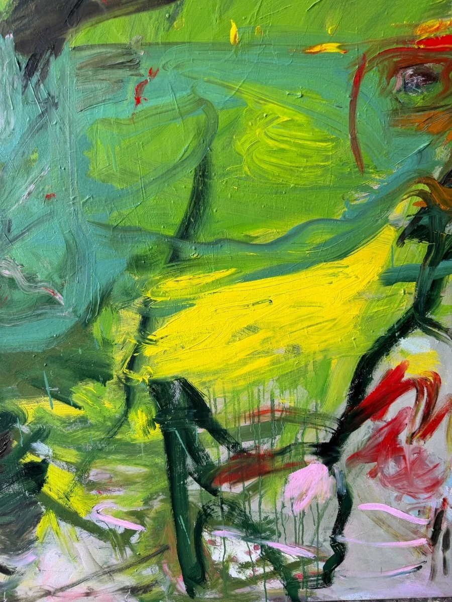 An abstract expressionist painting featuring a chaotic, energetic composition of green and yellow forms with sharp red accents.