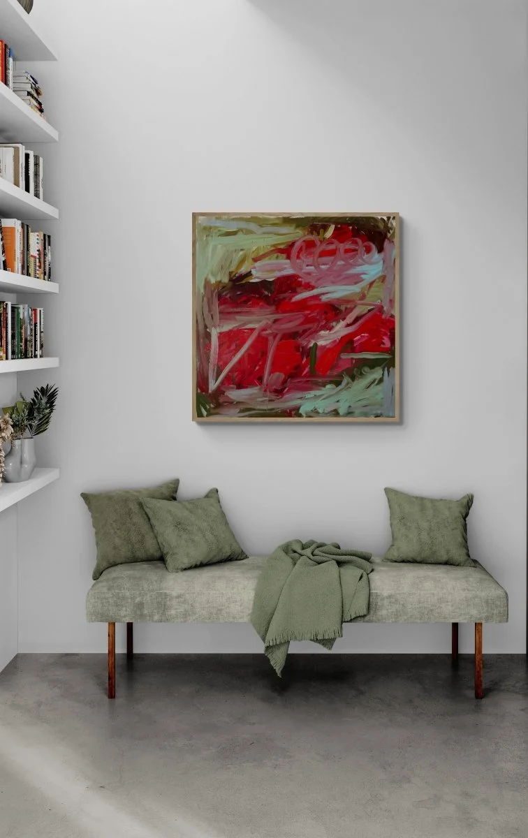 A vibrant abstract painting featuring bold reds and greens with expressive brushwork.