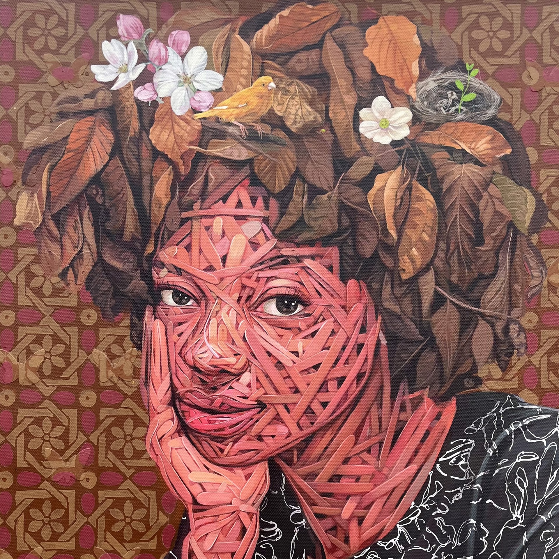 A painting of a woman with a bird on her head.
