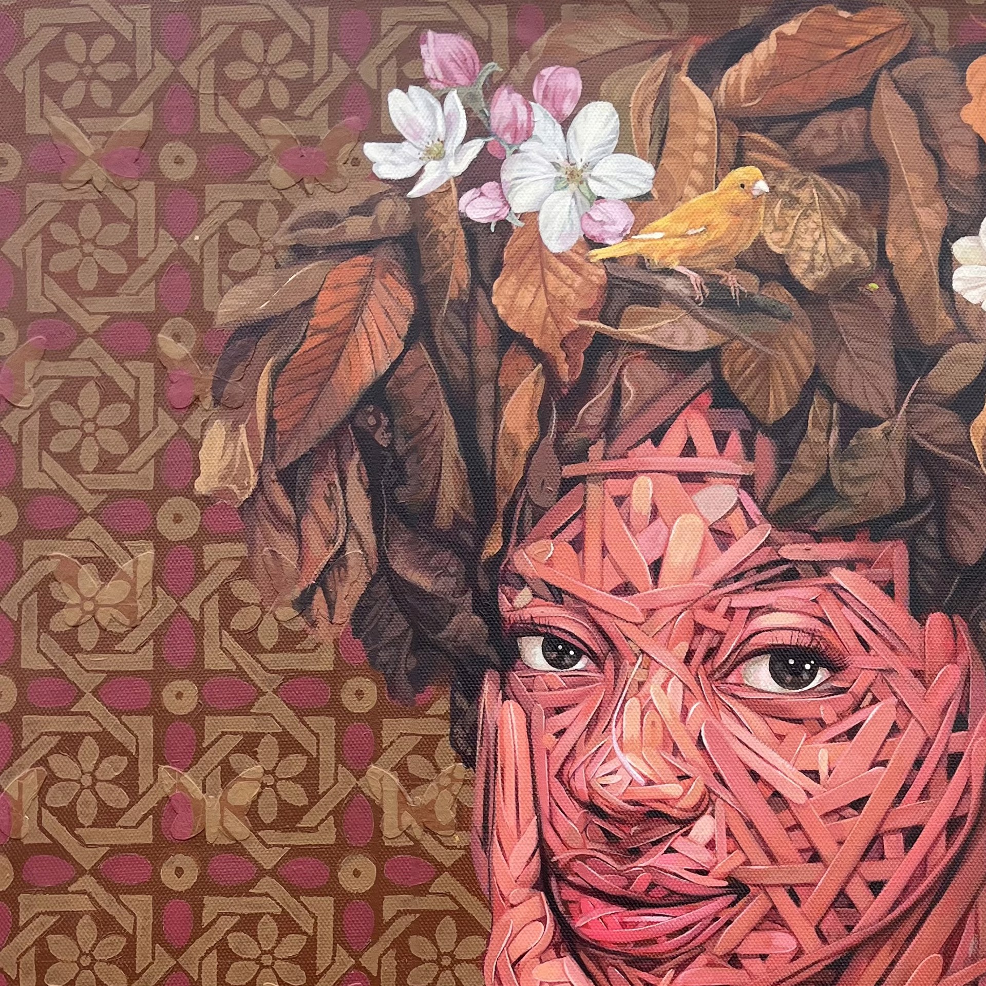 A painting of a woman with a bird on her head.