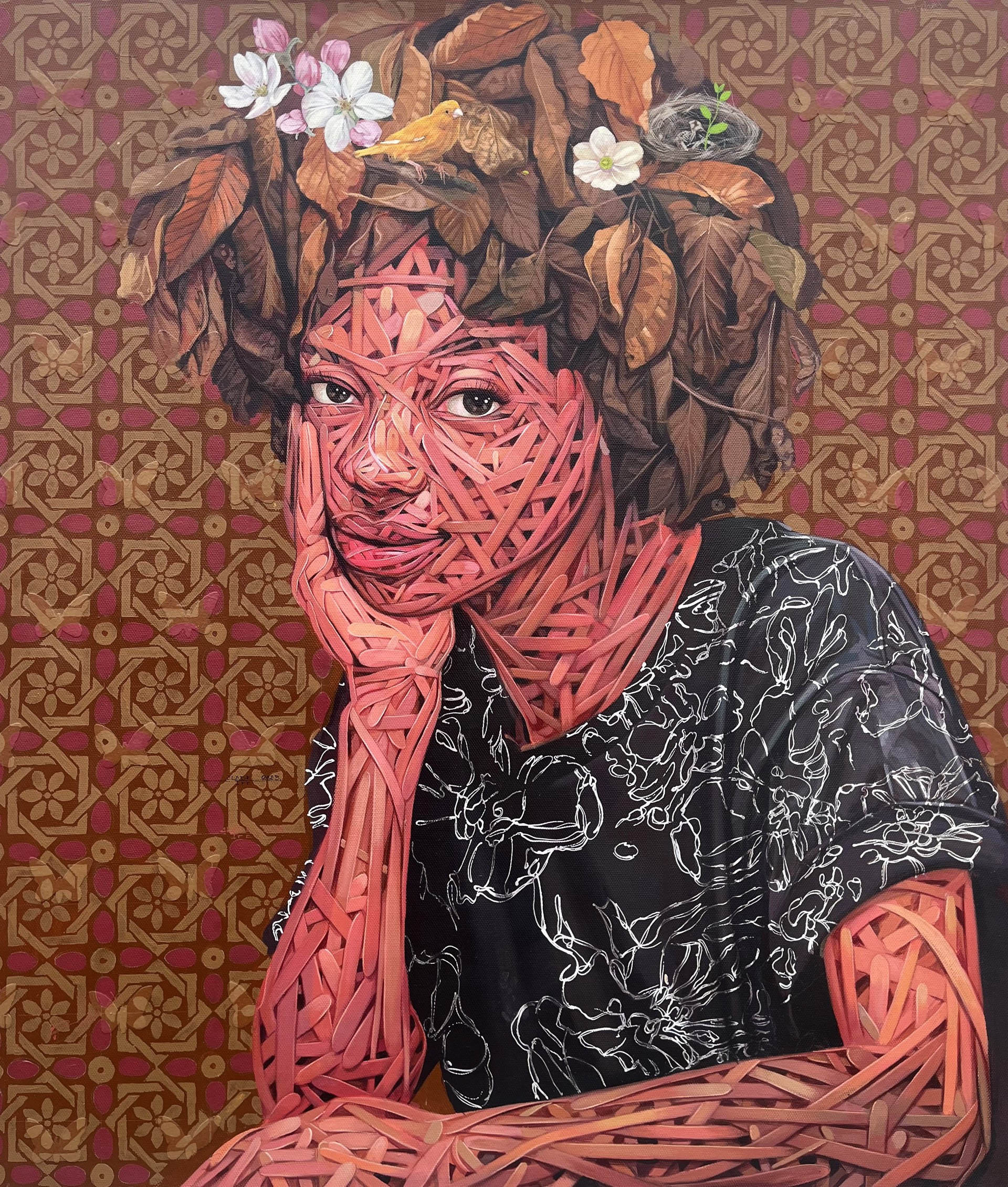 A painting of a woman with a bird on her head.