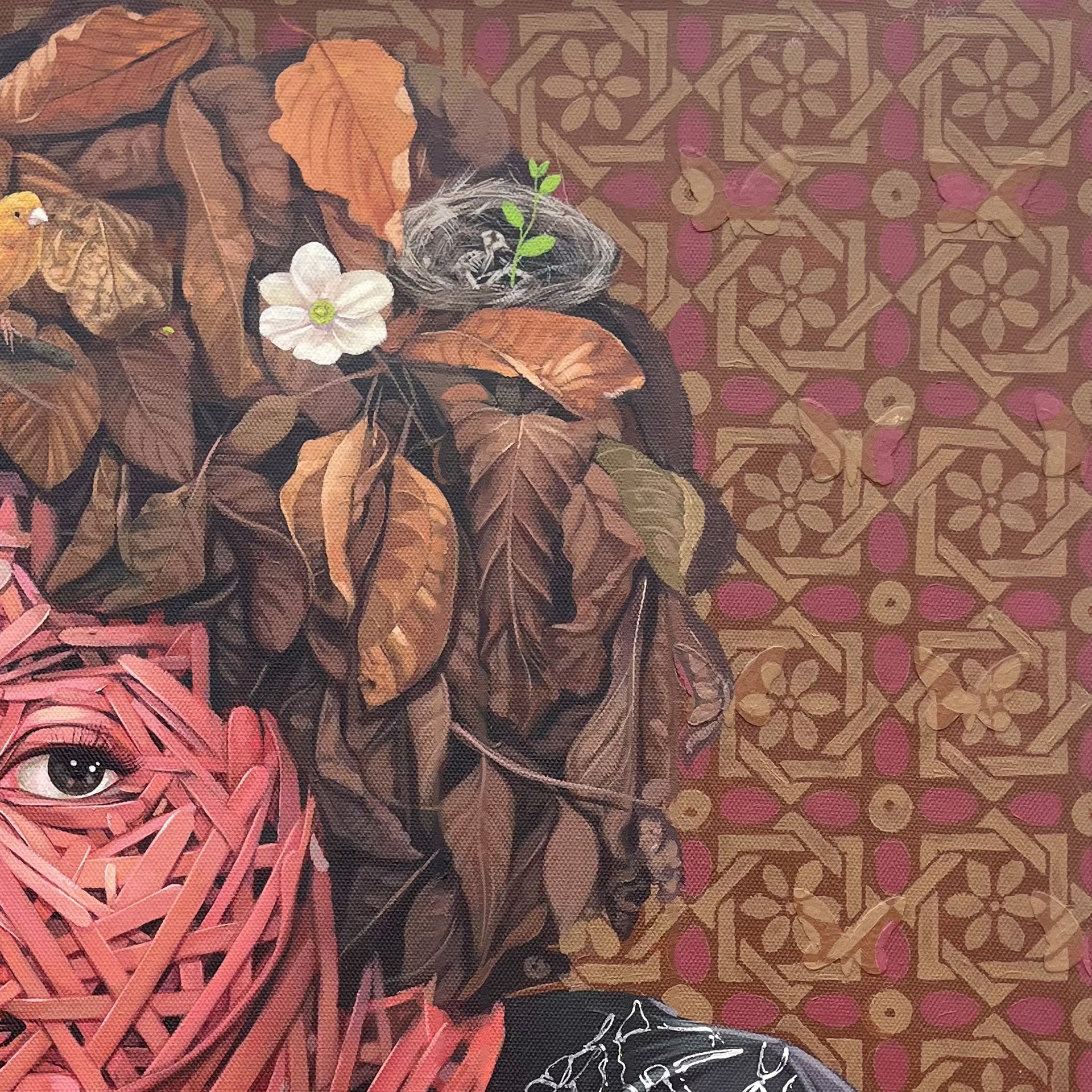 A painting of a woman with a bird on her head.