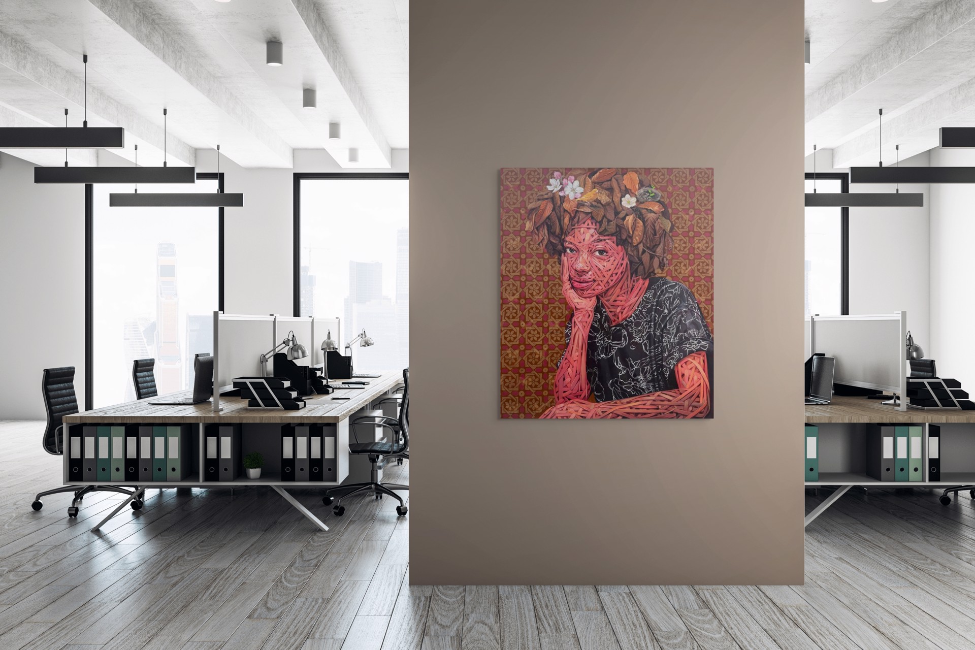 A painting of a woman with a bird on her head.