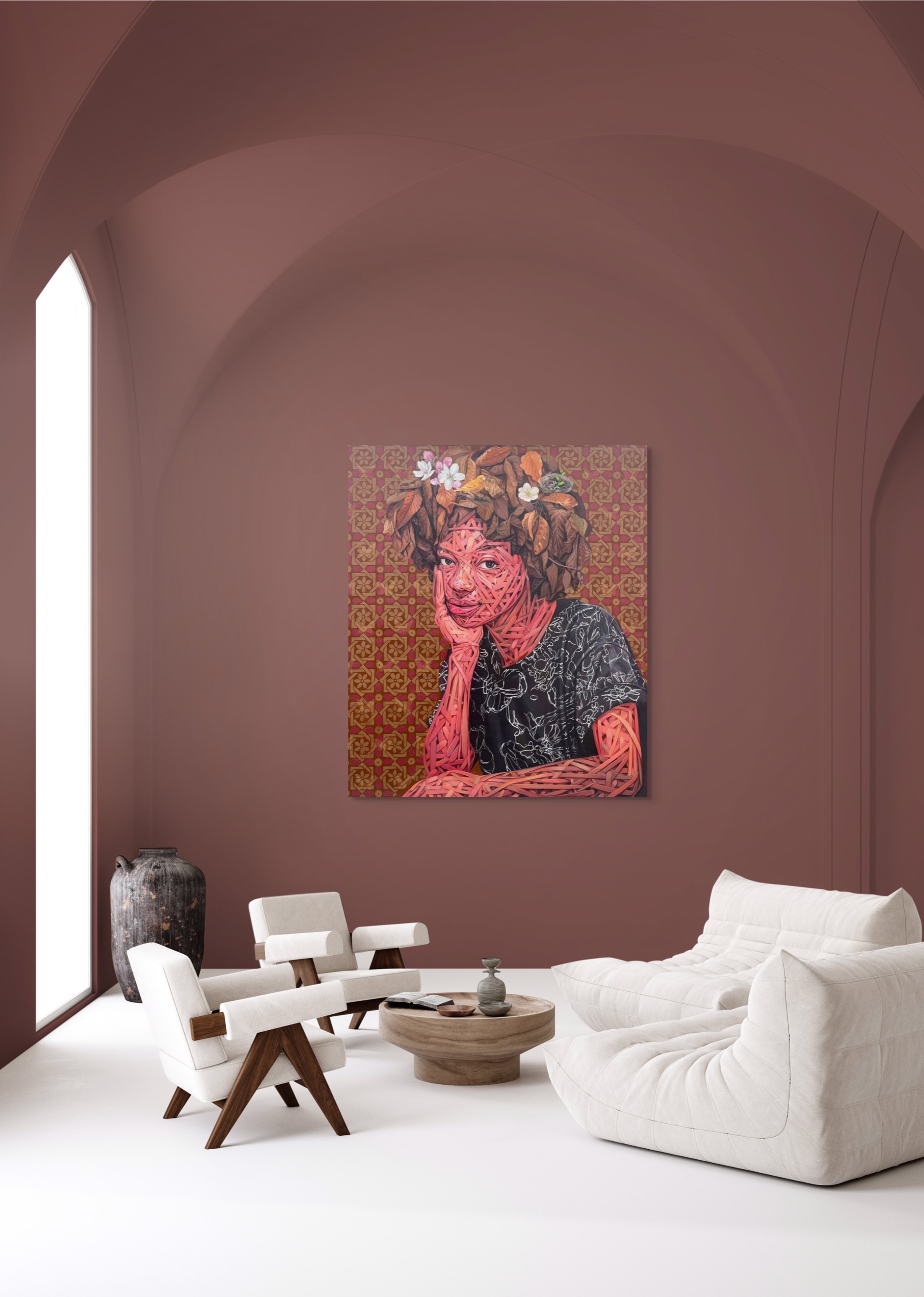A painting of a woman with a bird on her head.
